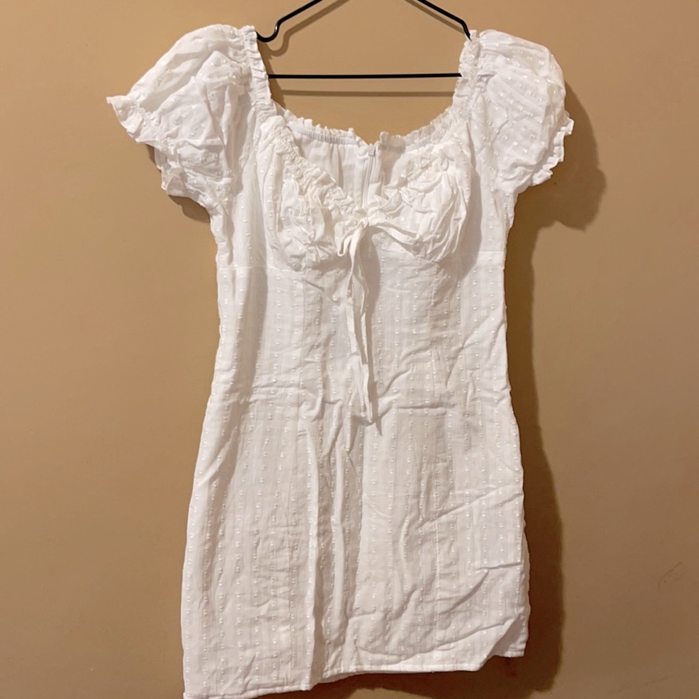 Off the Shoulder Tie-Front Swiss Dot Milkmaid Dress